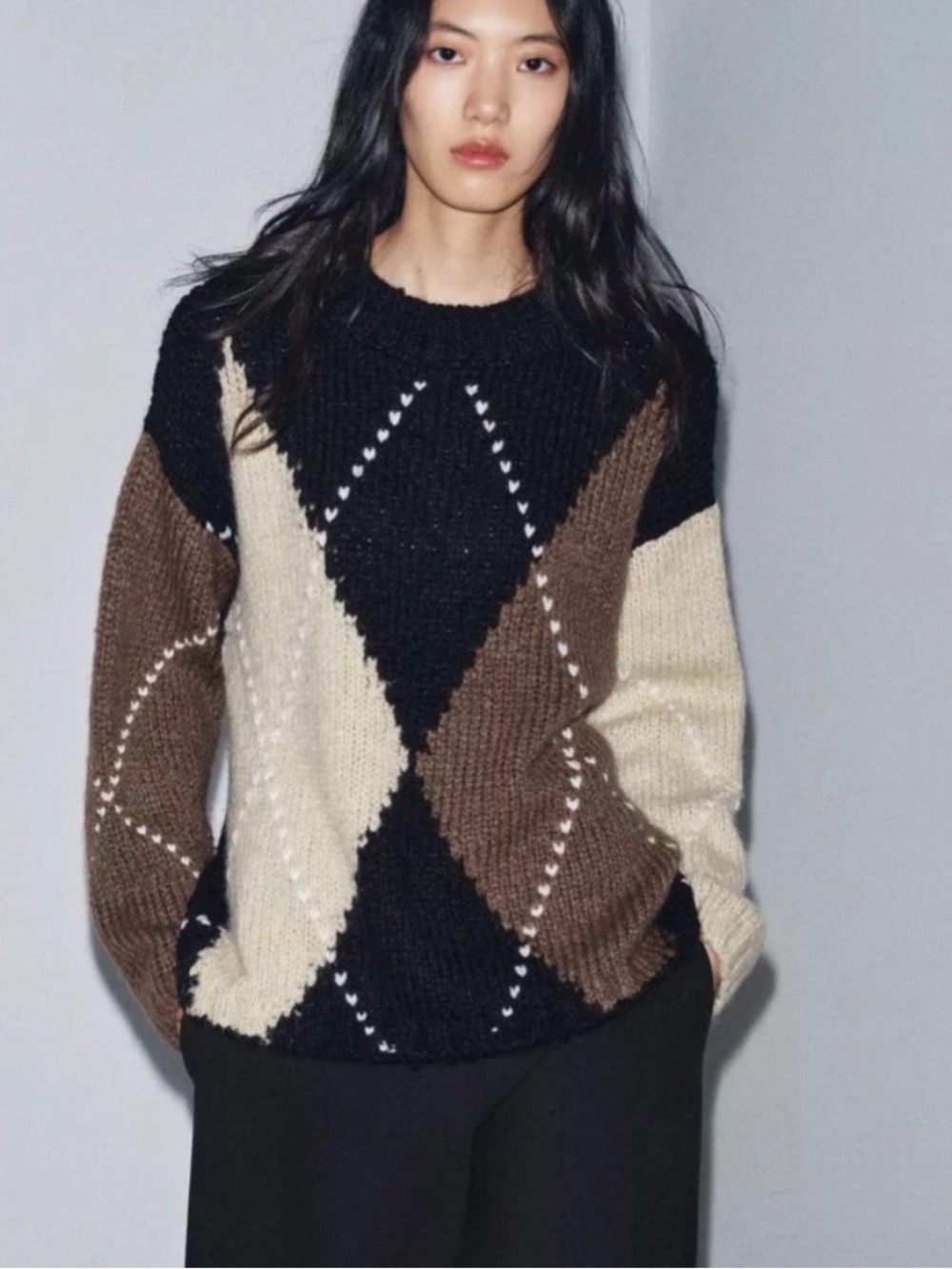 Zara Argyle Colorblock Crew Sweater - Black, Brown & Cream
